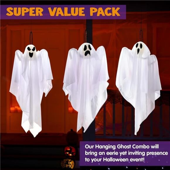 3 Pack Halloween Party Decoration 27.5" Hanging Ghosts, Cute Flying Ghost - Picture 4 of 8